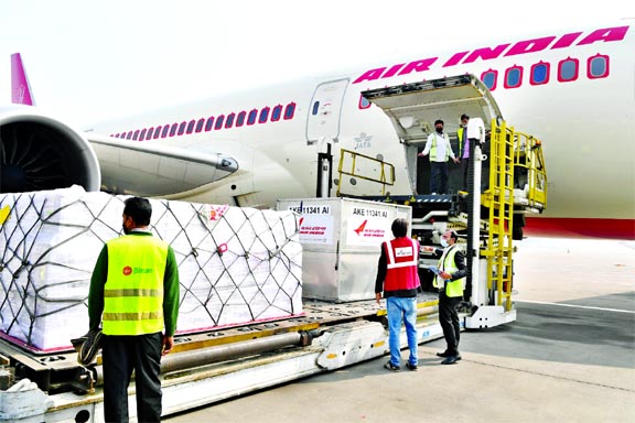 A special flight of Air India carrying 5 million doses of the Oxford-AstraZeneca 'Covisheild' vaccine, produced by Serum Institute of India, lands at Hazrat Shahjalal International Airport in the capital on Monday morning.