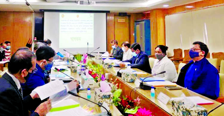 State Minister for Shipping Khalid Mahmud Chowdhury speaks at a meeting about the eviction of illegal establishments on the bank of Shitalakshya under the Narayanganj River Port at the seminar room of the ministry on Thursday. Mayor of Narayanganj City Co