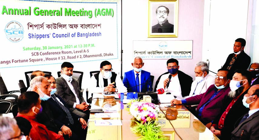 State Minister for Shipping Khalid Mahmud Chowdhury speaks at the 39th annual general meeting of Shippers Council of Bangladesh in the city's Dhanmondi on Saturday.