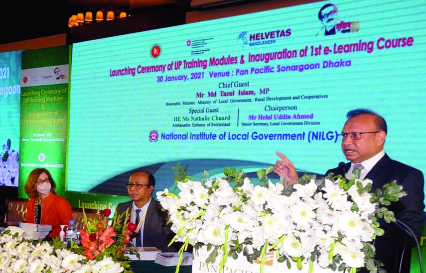 LGRD and Cooperatives Minister Tajul Islam speaks at the inauguration of 'Union Council Training Modules and first e-learning Course' organised by National Institute of Local Government at a hotel in the city on Saturday.