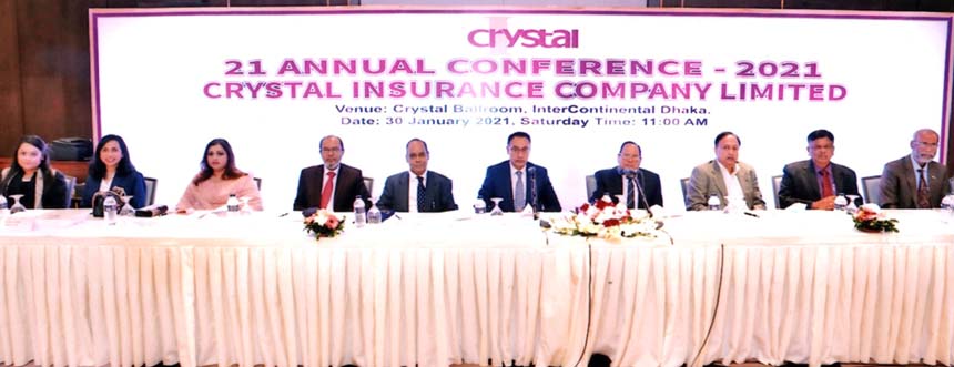 Abdullah Al Mahmud, Chairman of Crystal Insurance Company Limited, presiding over its 21 Annual Conference held at a city hotel on Saturday. Mia Fazle Karim, CEO, AHM Mozammel Hoque, Md. Tajul Islam, Soera Zahir, Shahzadi Begum, Directors, Abdul Kalam Aza