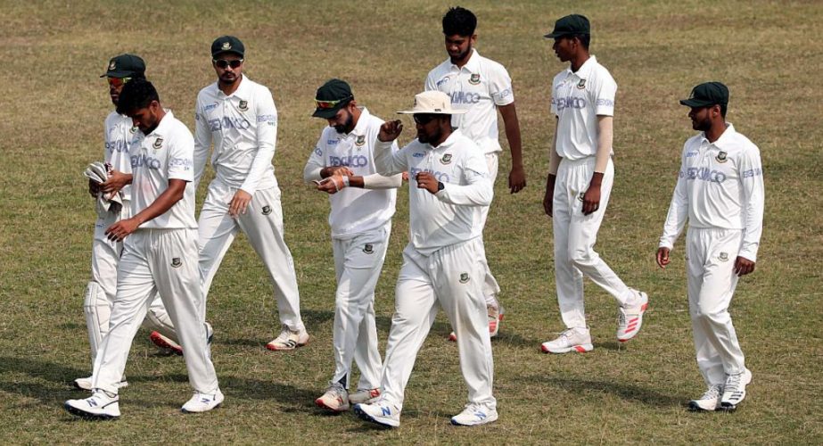 Players of BCB XI coming out of the field after the three-day warm-up match between BCB XI and West Indies ends in a draw on the third and last day at the MA Aziz Stadium in Chattogram on Sunday.