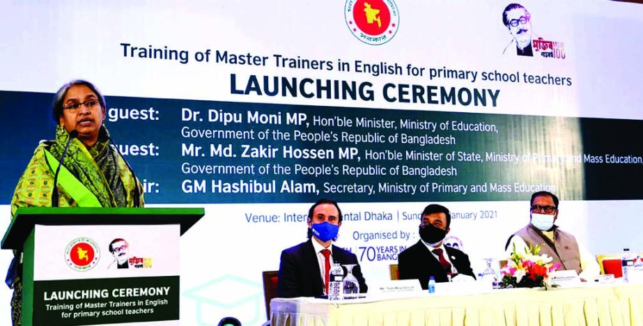 Education Minister Dr. Dipu Moni speaks at a function as the chief guest titled 'Training of Master Trainers in English for Primary School teachers' held at InterContinental Hotel in the city on Sunday. State Minister for Primary and Mass Education Md