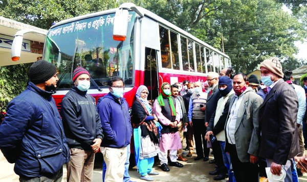 Prof Dr Md Alauddin, Vice-Chancellor of Mawlana Bhashani Science and Technology University, inaugurates two student buses at the varsity administrative building on Monday.