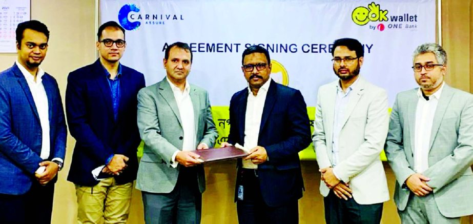 Md. Monzur Mofiz, Additional Managing Director of ONE Bank Limited and Mohiuddin Rasti Morshed, Managing Director of Carnival Assure Limited, exchanging an agreement signing document at the banks head office in the city recently. Under the deal, both part