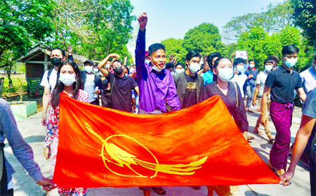 Students from Dagon University take part in a demonstration against the military coup in Yangon, Myanmar on Friday.