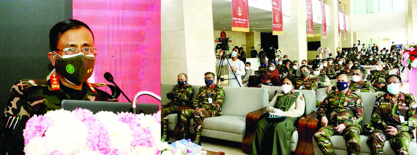 DG of Directorate General of Army Medical Services Major General Mahbubur Rahman speaks at a seminar organised by Cancer Center of CMH in Dhaka Cantonment on Saturday marking World Cancer Day. ISPR photo