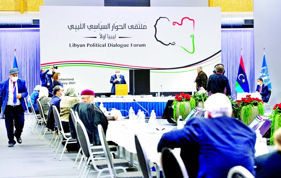 Delegates cast their vote for the election of a new interim government for Libya during the Libyan Political Dialogue Forum in Geneva, Switzerland on February 5, 2021.