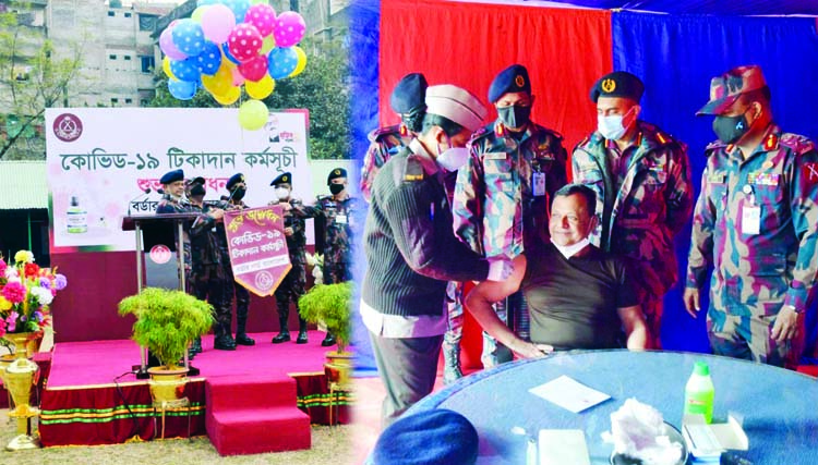 Additional Director General of BGB (Medicine) Brigadier General Dr Md. Nazrul Islam receives the shot of Covid-19 vaccine at Border Guard Hospital at Pilkhana in the city on Sunday.