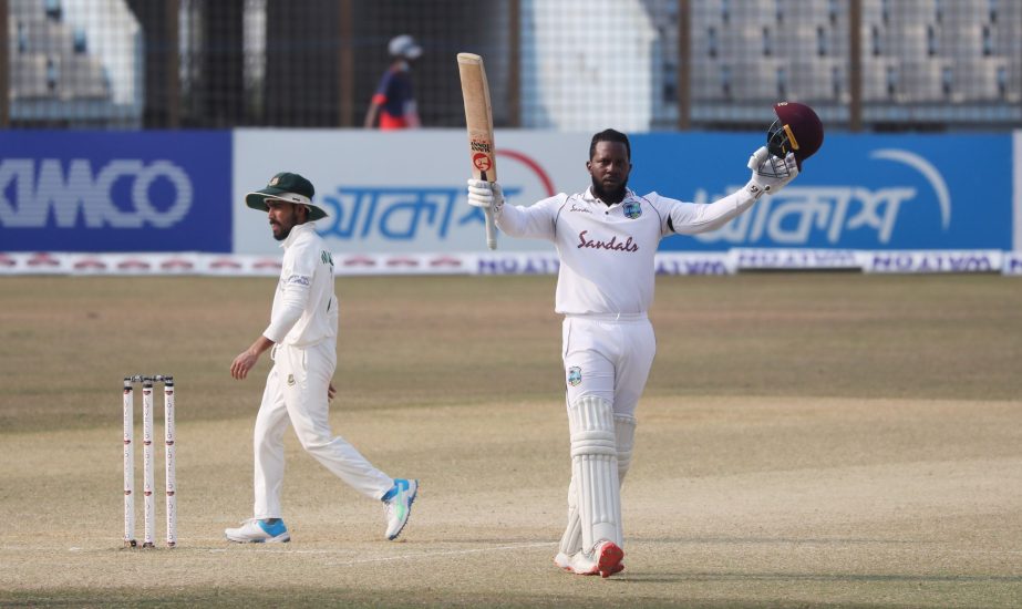 The West Indies' Kyle Mayers celebrates reaching his double ton on the fifth and final day of their first Test against Bangladesh at the Zahur Ahmed Chowdhury Stadium in Chattogram on Sunday.