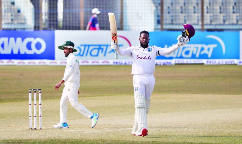 The West Indies' Kyle Mayers celebrates reaching his double ton on the fifth and final day of their first Test against Bangladesh at the Zahur Ahmed Chowdhury Stadium in Chattogram on Sunday.