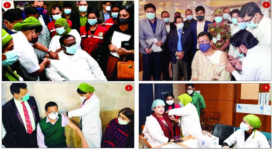 (1) Food Minister Sadhan Chandra Majumder receives Covid-19 vaccine at 250-bed TB Hospital in the city on Monday. (2) State Minister for Shipping Khalid Mahmud Chowdhury receives vaccine at BSMMU. (3) Deputy Minister for Water Resources AKM Enamul Haque S