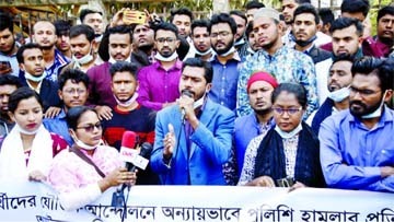 DUCSU VP Nurul Haq Nur speaks at a protest rally in front of the Jatiya Press Club demanding release of arrested students on Tuesday.