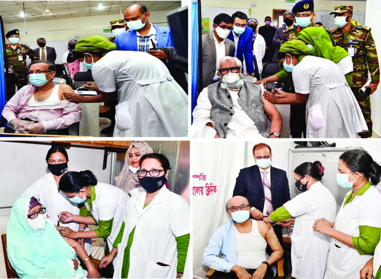 (1) Law, Justice and Parliamentary Affairs Minister Anisul Haque receives Covid-19 vaccine at Kurmitola General Hospital in the city on Wednesday. (2) Private Industry and Investment Adviser to Prime Minister Salman F. Rahman receives vaccine at Kurmitola