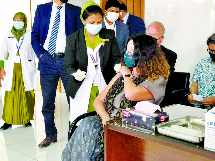 European Union ambassador in Dhaka Rensji Teerink receives vaccine at a Dhaka hospital on Wednesday.