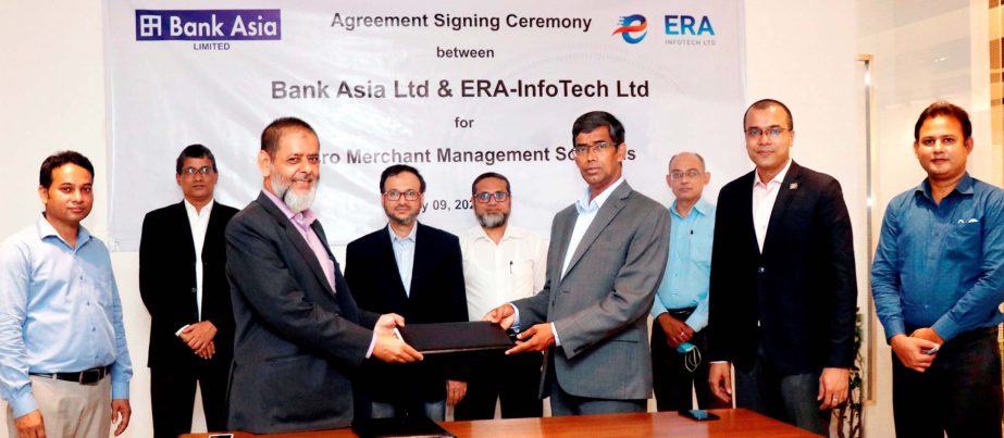 Md. Arfan Ali, President & Managing Director of Bank Asia Limited and Md. Serajul Islam, CEO of ERA-InfoTech Limited, exchanging an agreement signing document for Micro Merchant Management Solutions through Micro Merchant (MM) Apps at the bank head office