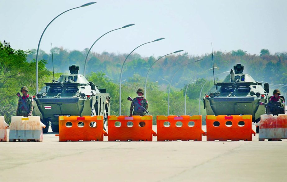 Myanmar's military checkpoint is seen on the way to the congress compound in Naypyitaw, Myanmar.