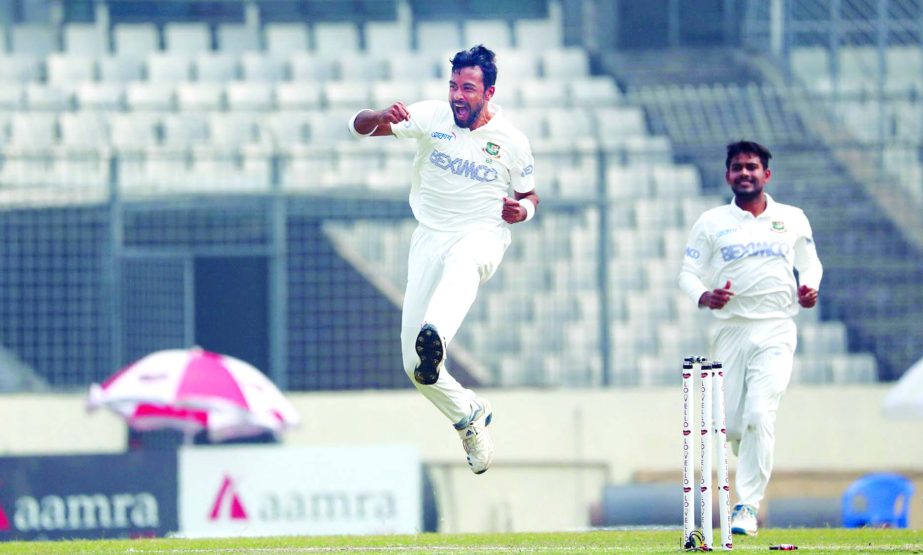 Abu Jayed of Bangladesh, celebrating after dismissal of a wicket of West Indies on the 1st day of the 2nd Test between the Tigers and the Caribbeans at the Sher-e-Bangla National Cricket Stadium in the city's Mirpur on Thursday.