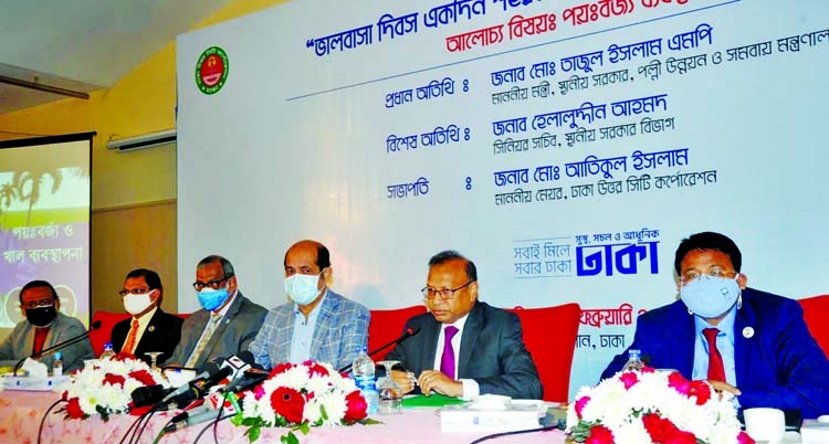 Local Government Minister Md Tajul Islam speaks as the chief guest at the workshop titled 'Bhalobasa Dibos Ekdin Shohorke Bhalobasi Protidin' at Lakeshore Hotel in the capital on Sunday. Mayor of Dhaka North City Corporation Md Atiqul Islam was present
