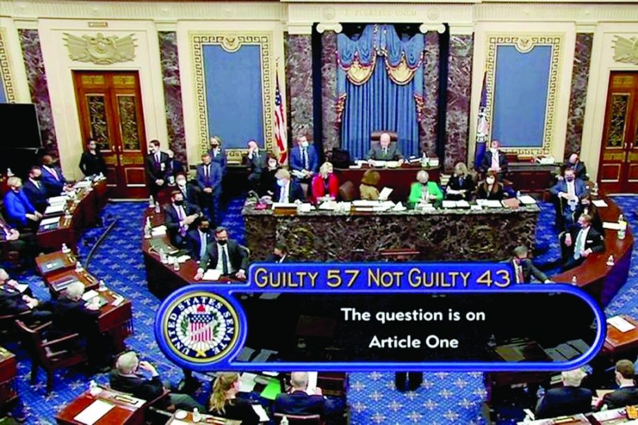 The US Senate votes to acquit former US President Donald Trump by a vote of 57 guilty to 43 not guilty, short of the 23s majority needed to convict, during the fifth day of the impeachment trial of the former president on charges of inciting the deadly a