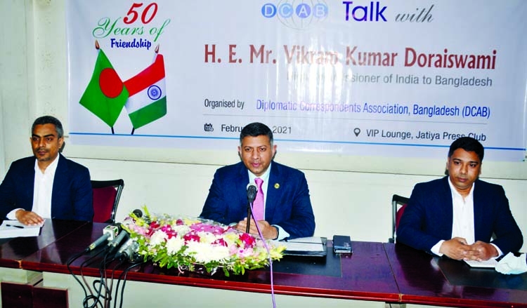 Indian High Commissioner to Bangladesh Vikram Kumar Doraiswami speaks at a dialogue organised by Diplomatic Correspondents Association of Bangladesh at the Jatiya Press Club on Monday.