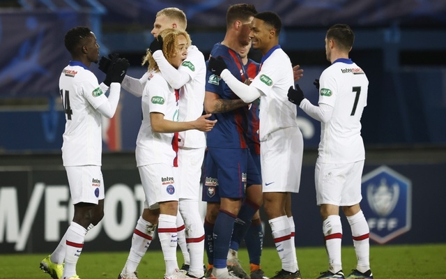 French Cup - Round of 64 - Caen v Paris St Germain - Stade Michel d'Ornano, Caen, France - February 10, 2021 General view as the Paris St Germain players celebrate after the match.