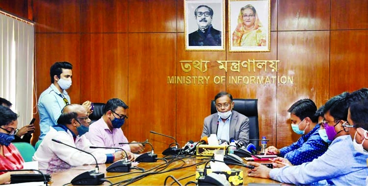 Information Minister Dr. Hasan Mahmud briefs the journalists on the contemporary issue at the conference room of the ministry on Tuesday.