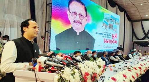 Barrister Mohibul Hasan Chowdhury MP, Deputy Minister for Education seen addressing the audience on the occasion of assumption of office of the newly elected city Mayor at IEB Hall on Monday as chief guest.