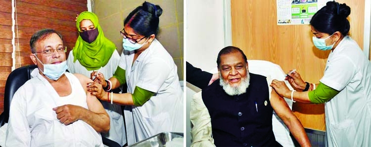 (1) Information Minister Dr. Hasan Mahmud receives Covid-19 vaccine at Bangladesh Secretariat Clinic in the city on Wednesday and (2) Liberation War Affairs Minister AKM Mozammel Haque receives vaccine at Bangladesh Secretariat Clinic.