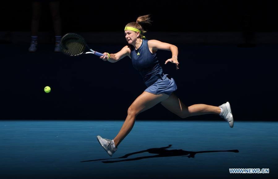 Karolina Muchova of the Czech Republic competes during the women's singles quarterfinal match against Ashleigh Barty of Australia at Australian Open in Melbourne Park, Melbourne, Australia on Wednesday.