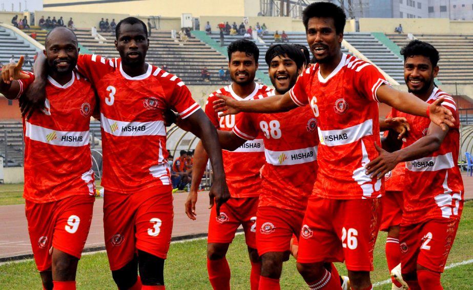 Players of Muktijoddha Sangsad Krira Chakra celebrating after scoring a goal against Bangladesh Police Football Club in their match of the Bangladesh Premier League Football at the Bangabandhu National Stadium on Wednesday.