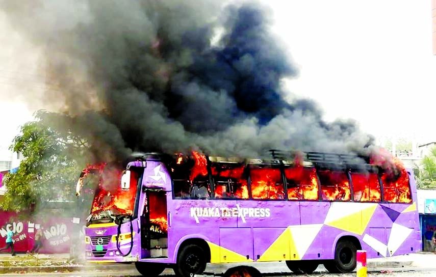 A passenger bus set on fire during protest by Barishal University (BU) students on Barishal-Patuakhali highway on Wednesday morning.