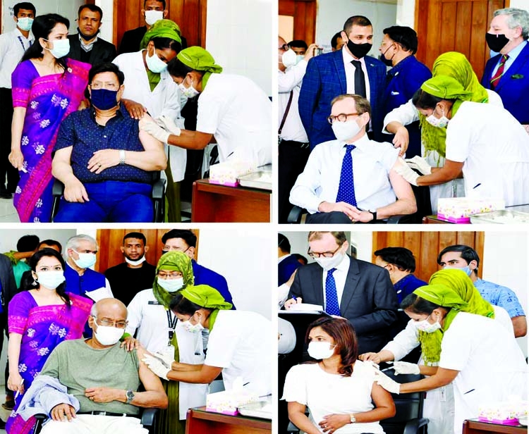 (1)Foreign Minister Dr. AK Abdul Momen receives Covid-19 vaccine at Sheikh Russel National Gastrolever Institute and Hospital in the city on Thursday. (2) British High Commissioner to Bangladesh Robert Chatterton Dickson receives the vaccine. (3) Sri Lank