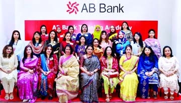 Women employees of the AB Bank Ltd pose for a photograph after attending an event titled "AB Women's Social" for their work-life balance, women leadership and empowerment. Ornita Afzal, Momtaj Hussain and Dr Khairun Nessa (Bithy), among others, were pr