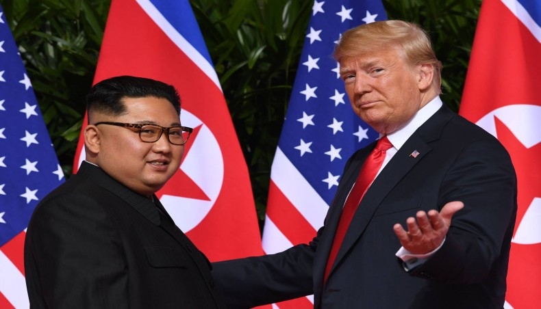 The then US president Donald Trump meets with North Korean leader Kim Jong Un in Singapore in June 2018.