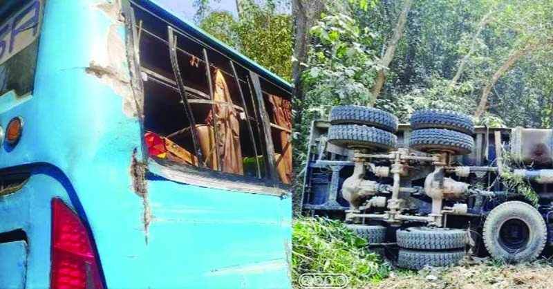 A truck plunges into a roadside ditch after head-on-collision with a bus on Chittagong-Cox's Bazar highway at Chunti Forest Gate in Lohagarah upazila in Chattogram on Monday morning.