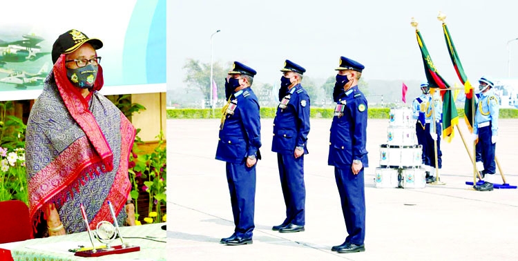 Prime Minister Sheikh Hasina receives salute at the National Standard Award giving ceremony to 11 and 21 Squadrons at BAF Base Birshrestha Matiur Rahman in Jashore through video conference from Ganobhaban on Tuesday. PID photo