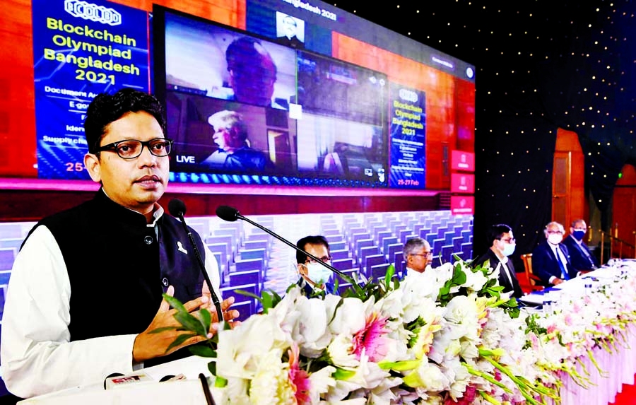 State Minister for Information and Communication Technology Zunaid Ahmed Palak speaks at the inaugural ceremony of 'Blockchain Olympiad Bangladesh-2021' at Bangabandhu International Conference Center in the city on Thursday.