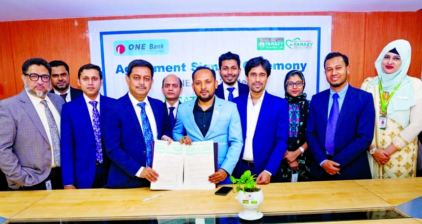 Md. Kamruzzaman, Head of Retail Banking of ONE Bank Limited and Dr. Anower Farazy Emon, Chairman of FARAZY Hospital Limited, exchanging document after signing an agreement at the bank's head office in the city recently. Under the deal, Debit, Credit & Pr