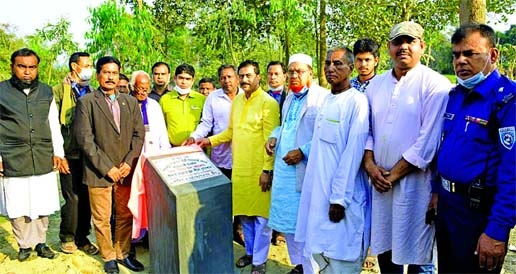 Manoranjan Shill Gopal, MP, inaugurates the construction of Shamakali Mondir boundary work at Paharpur under Torgaon Union in Kaharole Upazila of Dinajpur district on Thursday.