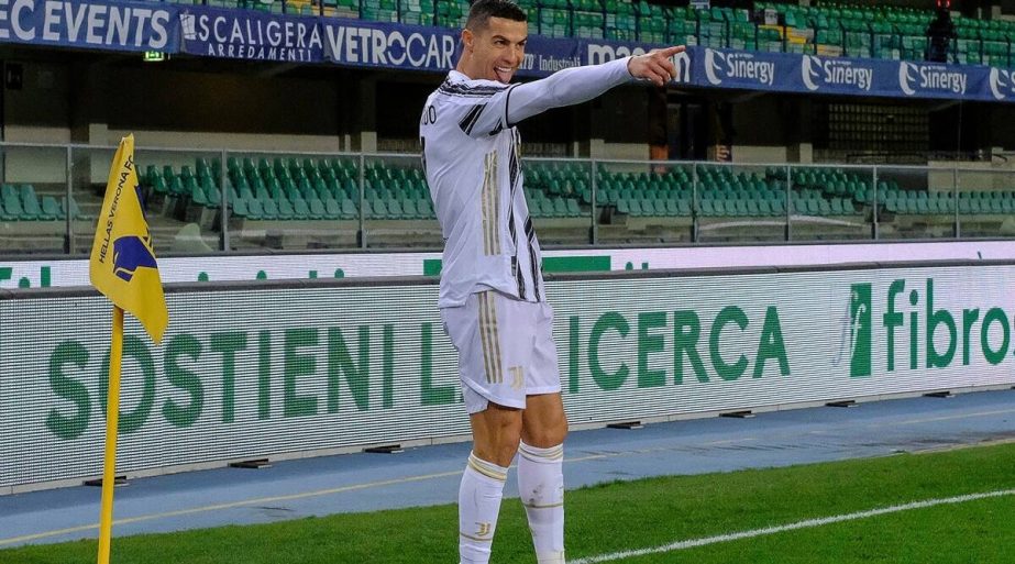 Cristiano Ronaldo celebrates his 0-1 goal during the Italian Serie A soccer match between Verona and Juventus at the Bentegodi stadium in Verona, Italy on Saturday.