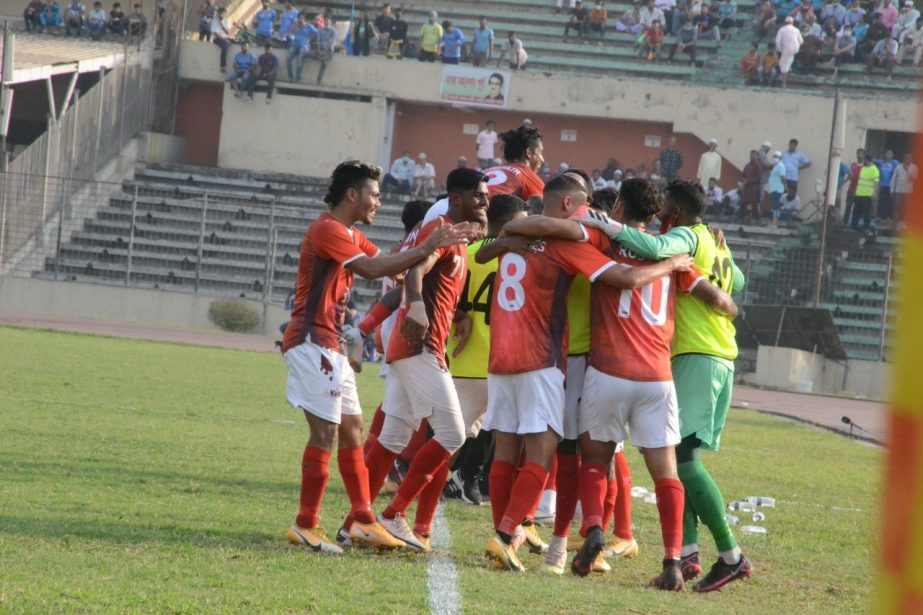 Players of Bashundhara Kings celebrating after scoring a goal against Dhaka Abahani Limited in their match of the Bangladesh Premier League Football at the Bangabandhu National Stadium on Sunday.