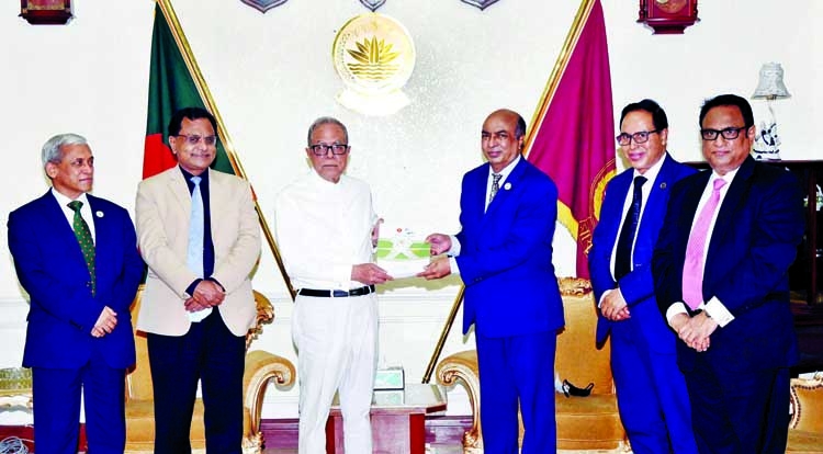 A delegation of Bangladesh Public Service Commission led by its Chairman Md. Shohorab Hossain hands over Annual Report-2020 of the commission to President Abdul Hamid at Bangabhaban on Sunday. Members of the commission Md. Fazlul Haque, Prof. Md . Hamid