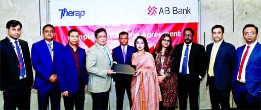 Nazia Barkat, Head of Employee Banking of AB Bank Limited and Major Gen. (Retd) M. Shamim Chowdhury, Director (HR and Vital Assets) of Therap BD, a leading software export company in the country, exchanging document after signing an agreement at the bank