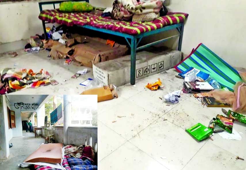 Leaders of Chhatra League vandalised at least 12 rooms of Chattogram Medical college (CMC) main hostel over supremacy between two groups on Tuesday. (inset) Beds of students were thrown outside after vandalism.