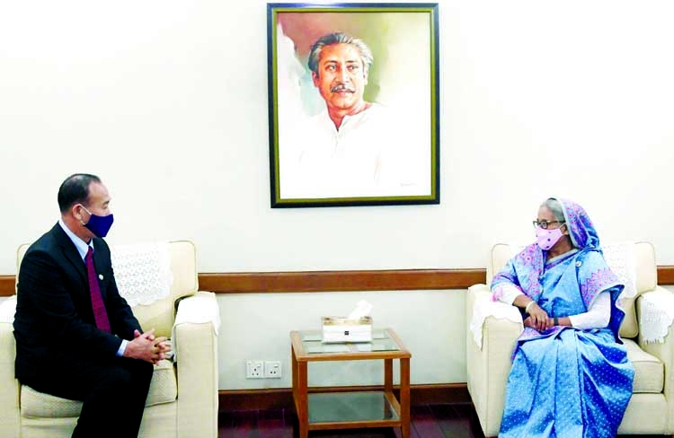 Secretary General of BIMSTEC Tenzin Lekphell calls on Prime Minister Sheikh Hasina at Ganobhaban in the city on Wednesday. PID photo