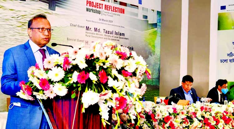 LGRD and Cooperatives Minister Tajul Islam speaks at a workshop on 'Activating Village Courts in Bangladesh (Phase 2) Project Reflection' at Hotel Intercontinental in the city on Thursday.