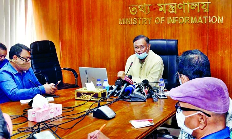 Information Minister Dr. Hasan Mahmud briefs journalists on the contemporary issue at the seminar room of the ministry on Thursday.