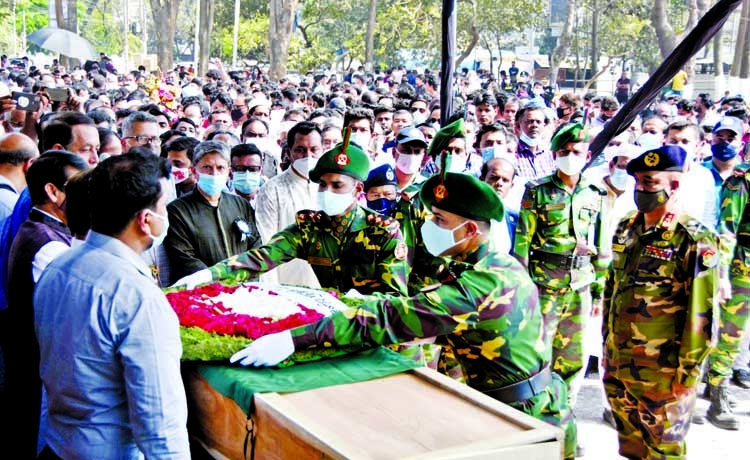 On behalf of President Abdul Hamid and Prime Minister Sheikh Hasina, military secretaries pay floral tributes on the coffin of PM's Political Adviser HT Imam at the Central Shaheed Minar in the city on Thursday.