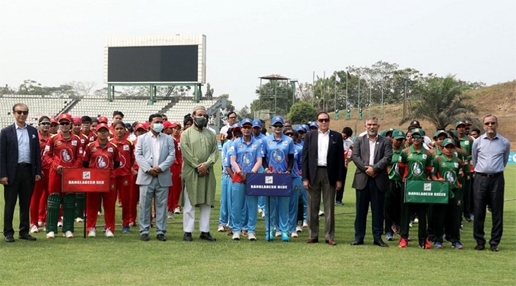 Bangladesh Red, Blue and Green teams pose for a photograph ahead of the 9th Bangladesh Games at Sylhet International Cricket Stadium in Sylhet on Saturday.